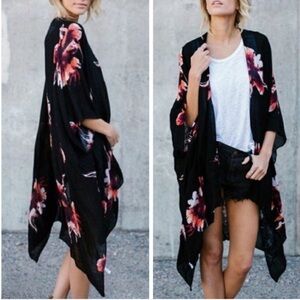 Black Floral Open-Front Women's Kimono